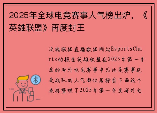 2025年全球电竞赛事人气榜出炉，《英雄联盟》再度封王