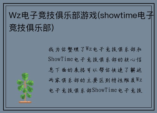Wz电子竞技俱乐部游戏(showtime电子竞技俱乐部)